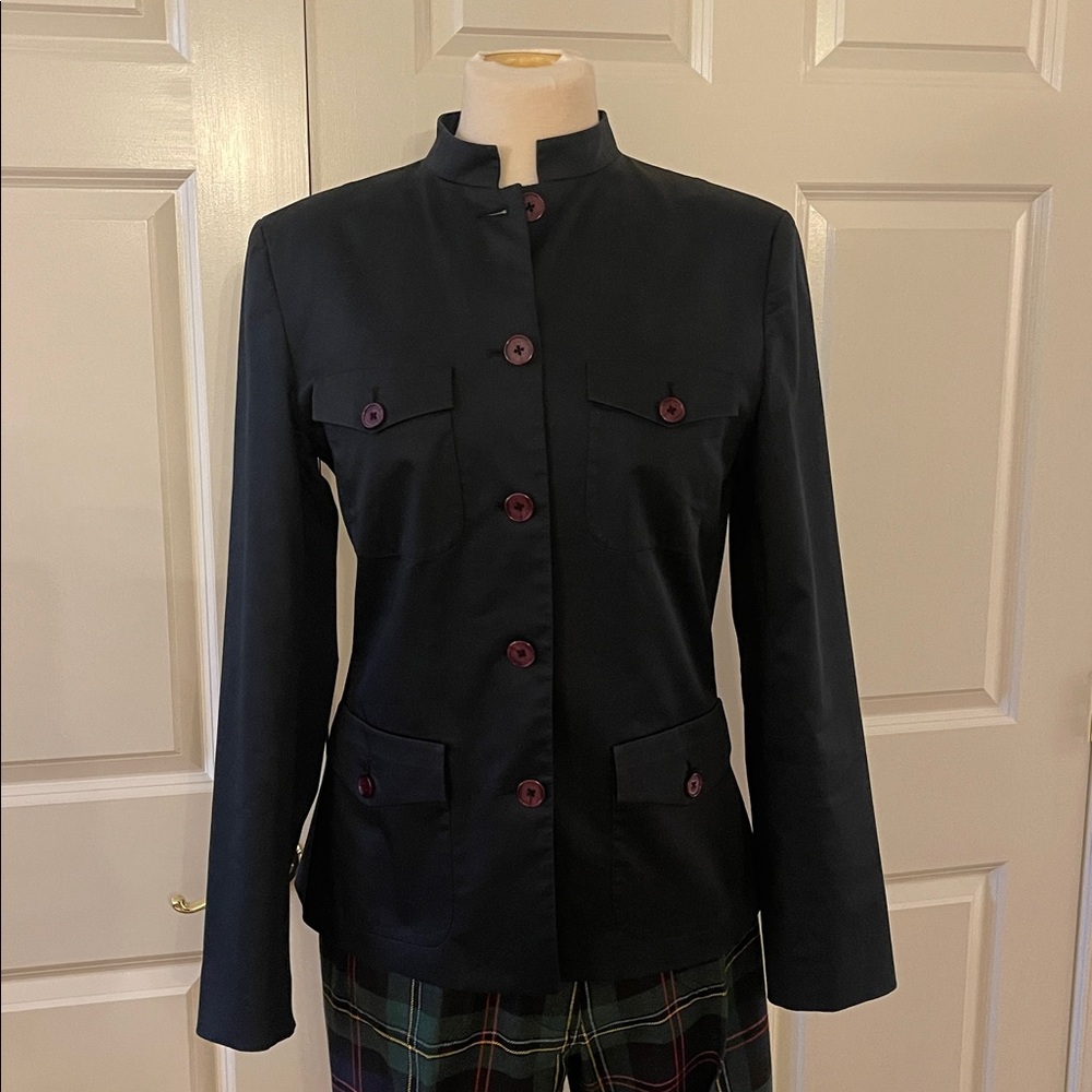 Magaschoni Navy Button-Up Blazer with Mandarin Collar